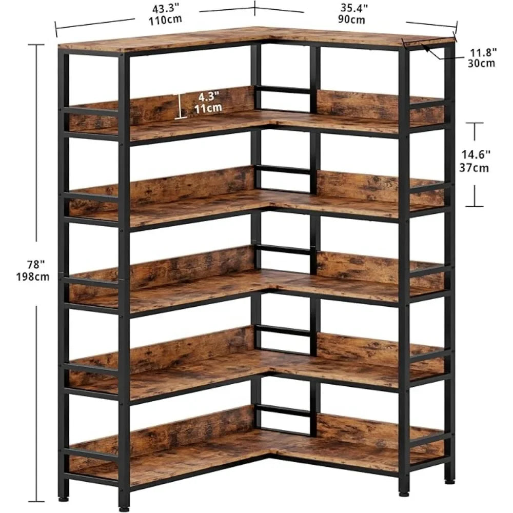 6 Tier Industrial Corner Bookshelves with Baffles - Metal Frame Shelf Storage Rack for Living Room & Home Office