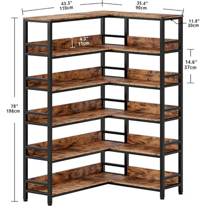 6 Tier Industrial Corner Bookshelves with Baffles - Metal Frame Shelf Storage Rack for Living Room & Home Office