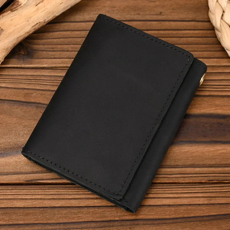 Men’s Genuine Leather Short Wallet with Chain – Trifold Zipper Clutch, Card Holder & Coin Purse