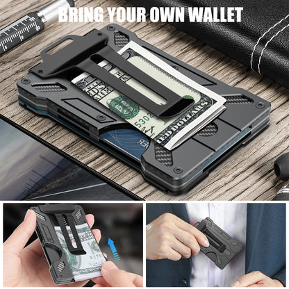 Slim Aluminum Minimalist Wallet for Men — RFID Blocking Money Clip with Clear ID Holder, Holds 15 Cards