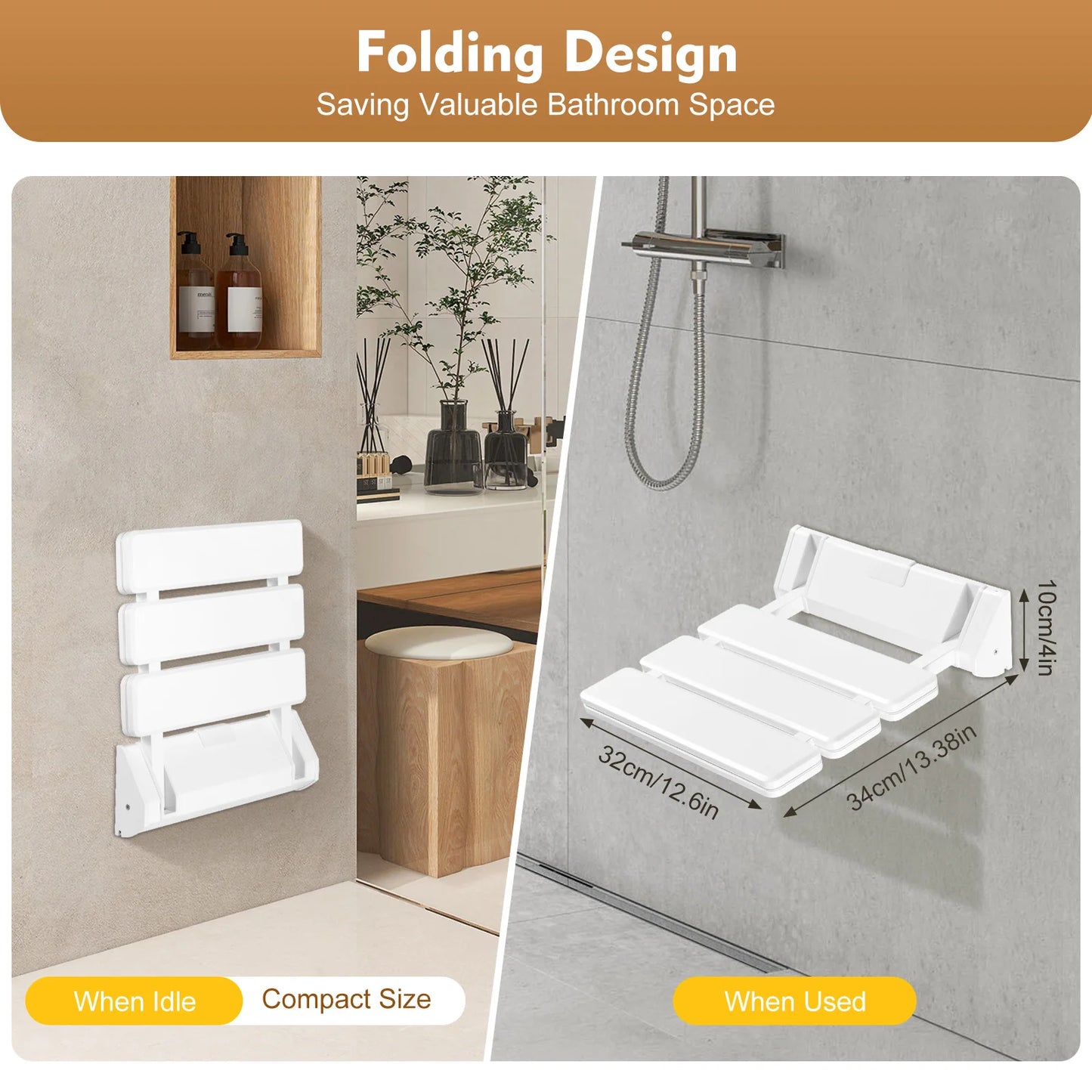 90° Folding Shower Seat – Wall-Mounted Waterproof Bench Stool, White Bathroom & Porch Seat, Supports Up to 130kg, 32×34cm