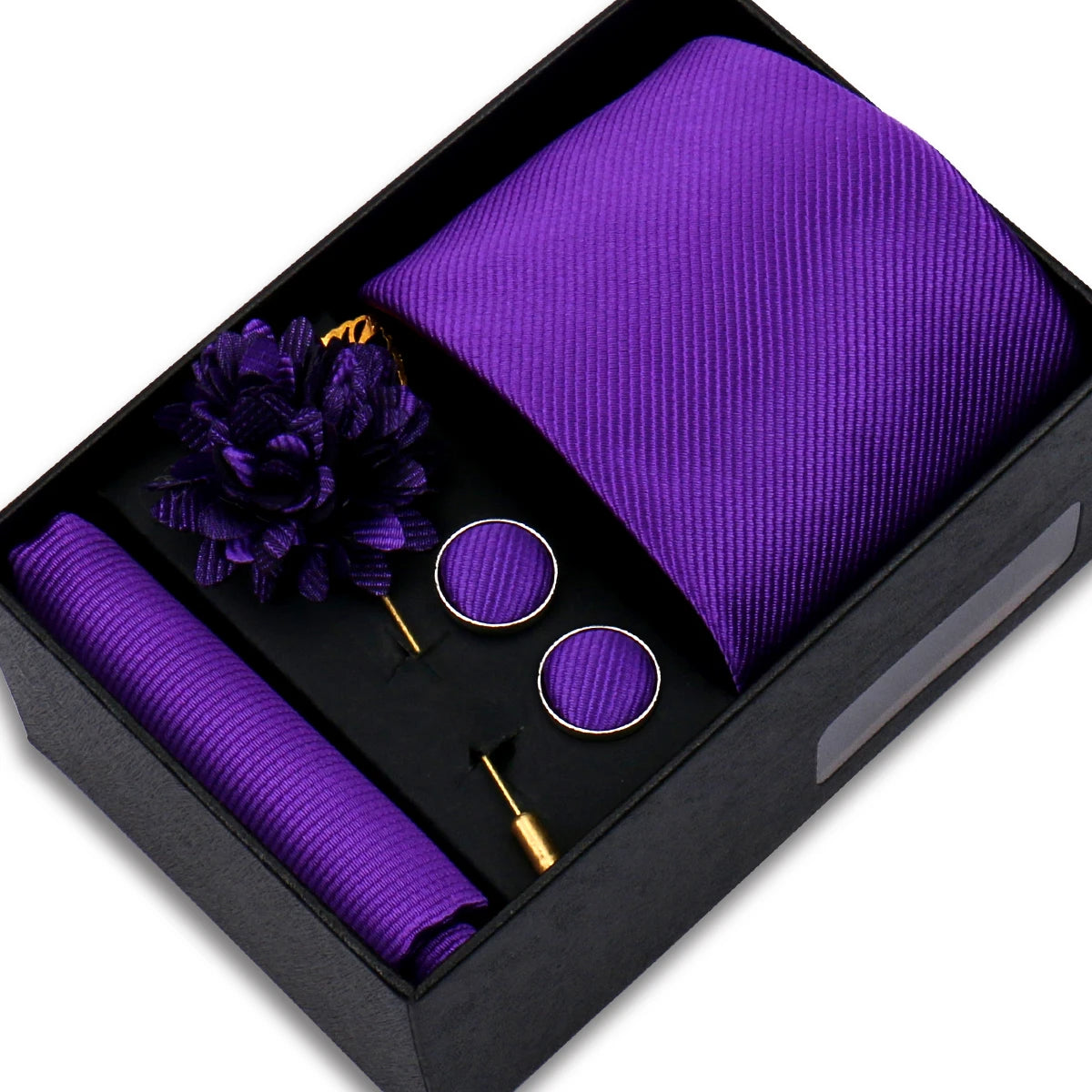 Men's Solid Color Tie Set - Jacquard Necktie, Hanky, Cufflinks & Brooch Gift Box for Weddings