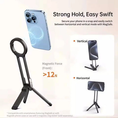 Metal Magnetic Phone Tripod – Carabiner & Desk Mount for iPhone 13–16, Dual-Sided Portable Holder