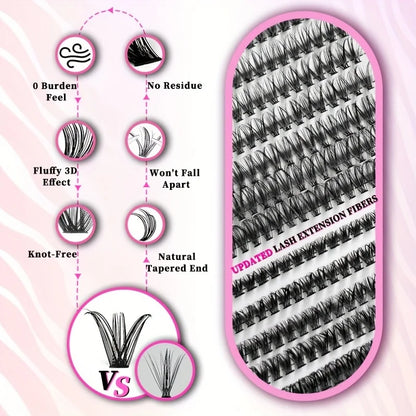 640Pcs Eyelash Extension Kit – D Curl 9-16mm Lash Clusters with Bond & Seal, Tweezers, and Brush