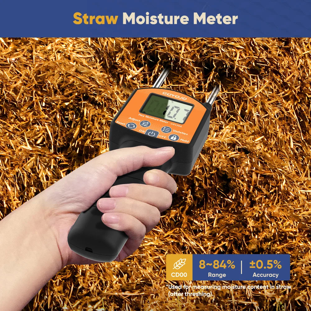 GS120A Digital Hay Moisture Meter - 0–80% Moisture Tester with LCD Probe for Hay, Straw & Grass Bales