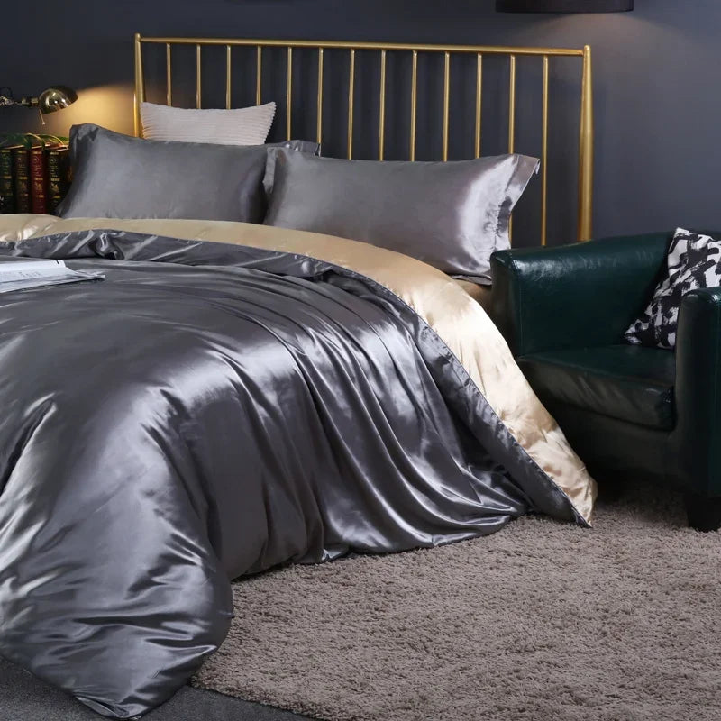 Silk Bedding Set With Duvet Cover - Luxury Satin Bed Sheet Pillowcase Set Solid Color King Queen Twin Size