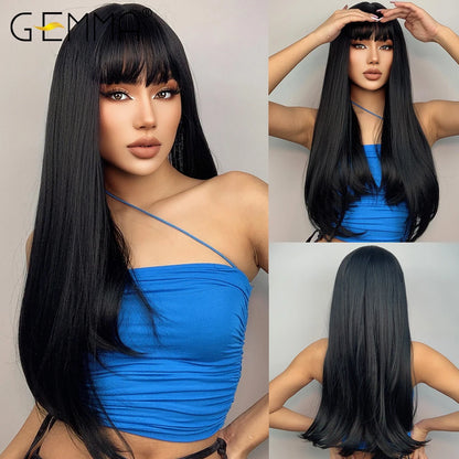 GEMMA Ombre Brown Blonde Synthetic Wig with Bangs – Long Straight Cosplay Wig for Women, High-Temperature Fiber