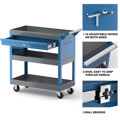 AIRAJ 3-Tier Rolling Tool Cart – 440LBS Capacity Mechanic Storage Cart on Wheels for Garage & Warehouse, Blue