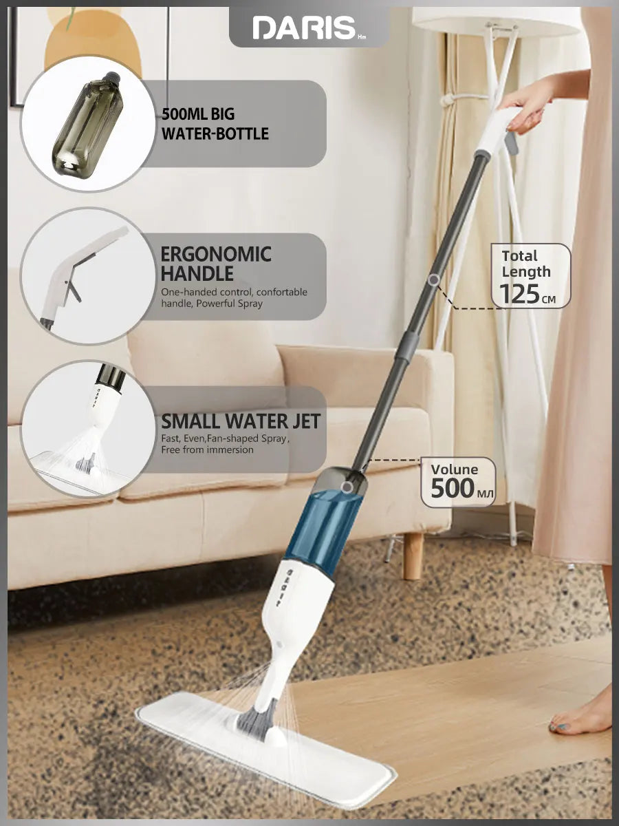 DARIS 360° Spray Flat Mop — Reusable Microfiber Pads with 500ML Large Capacity Square Triangle Bottle