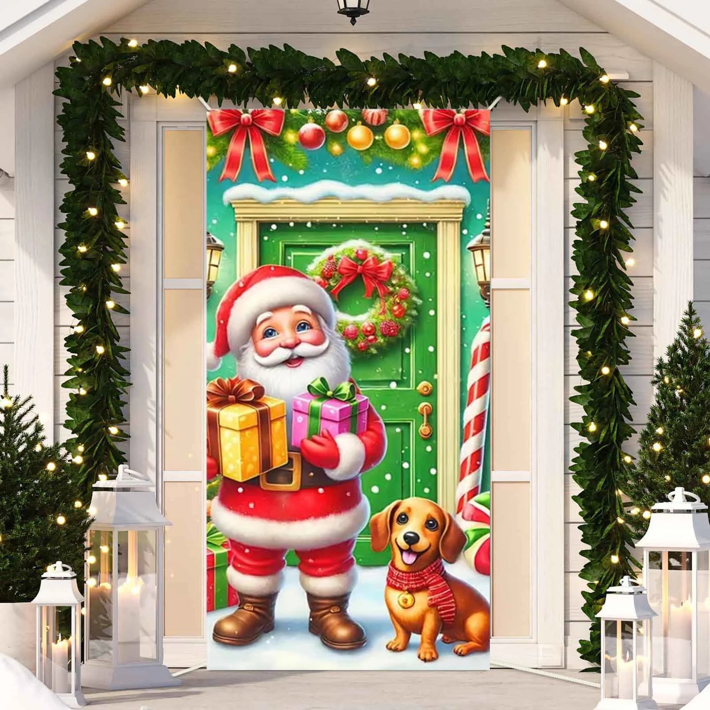 Cute Animals Christmas & New Year Door Cover – Dog, Cat, Snowman, Gingerbread Man Holiday Outdoor Winter Decoration Gift