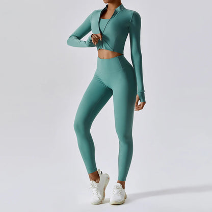 3PCS Women’s Yoga & Workout Set – Long Sleeve Zipper Top with High Waist Leggings Fitness Sportswear