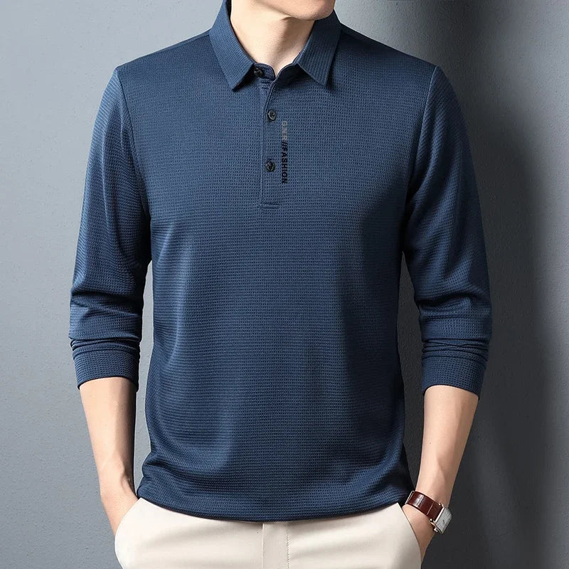 Men's Waffle Long Sleeve Polo Shirt - Letter Print Casual Lapel Top