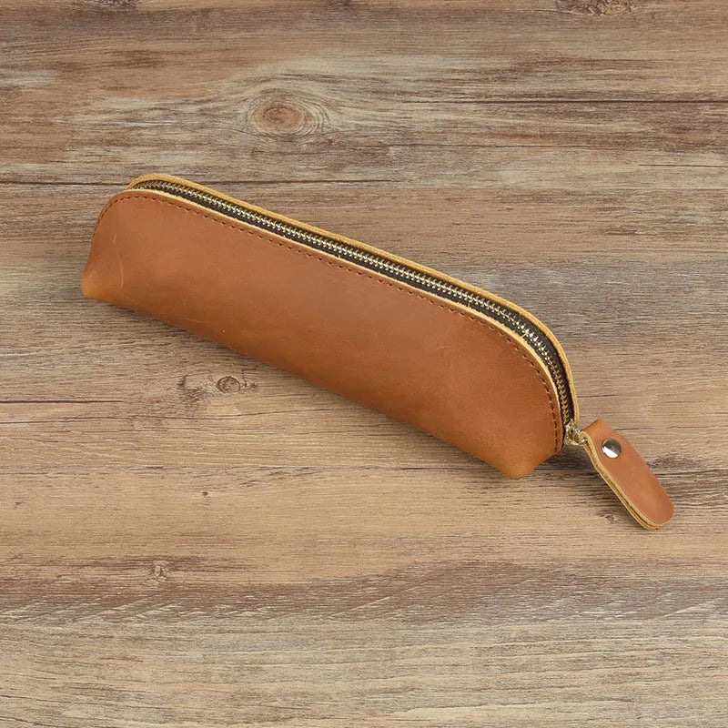 Vintage Leather Pencil Bag – Simple Zipper Pen Case & Stationery Holder Pouch for School Supplies, Glasses & Storage