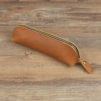 Vintage Leather Pencil Bag – Simple Zipper Pen Case & Stationery Holder Pouch for School Supplies, Glasses & Storage