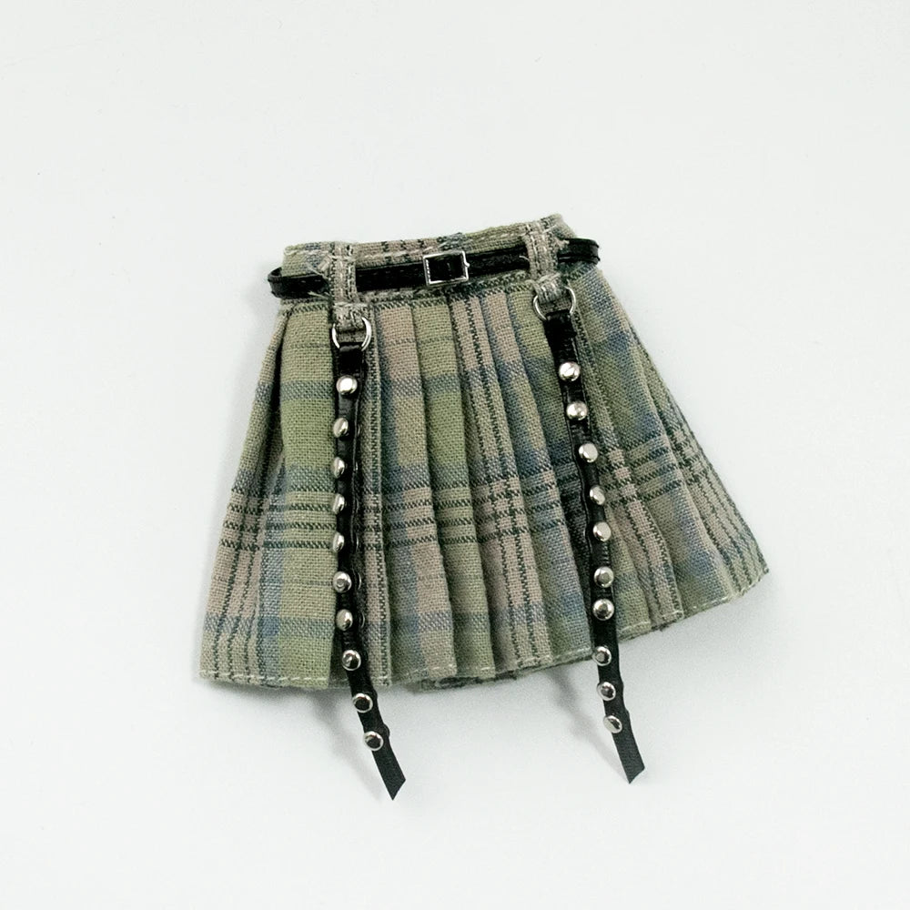 Blythe Doll Clothes Plaid Pleated Skirt & Off-Shoulder Top Tulle Dress Set — Ruffle Skirt for Licca, Azone, OB22, YMY Doll Accessories