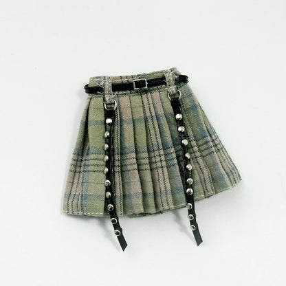 Blythe Doll Clothes Plaid Pleated Skirt & Off-Shoulder Top Tulle Dress Set — Ruffle Skirt for Licca, Azone, OB22, YMY Doll Accessories