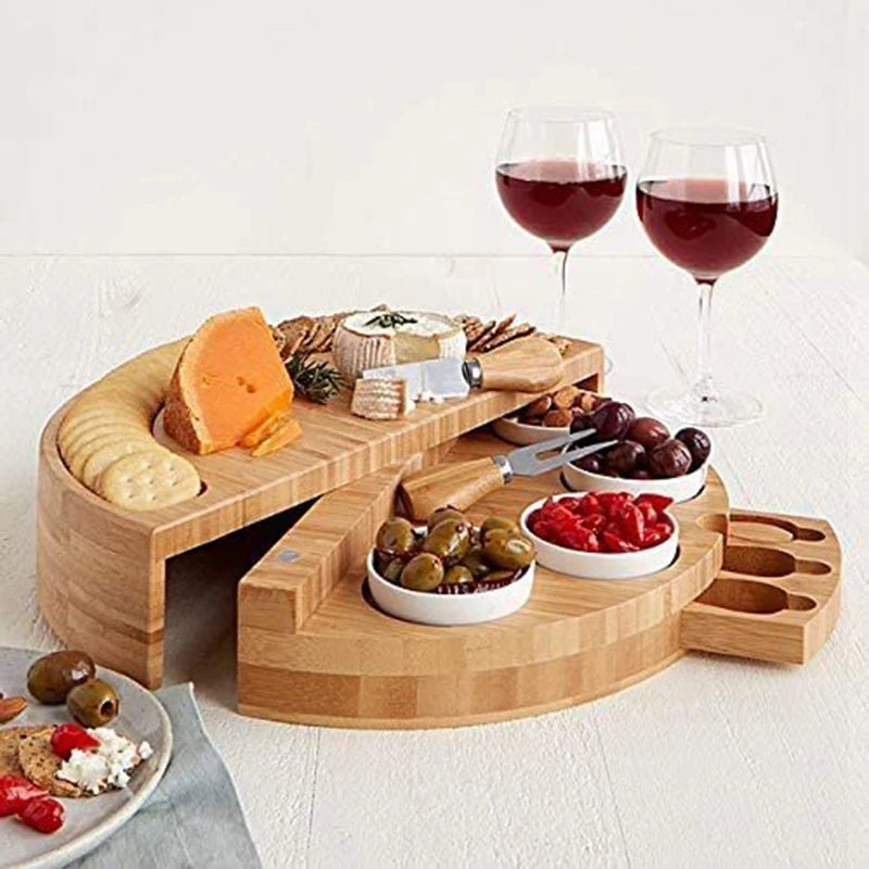 Cheese Board Set with Slide-Out Drawer – Cutlery Cutter, Slicer, Fork, Scoops & Kitchen Storage Tools