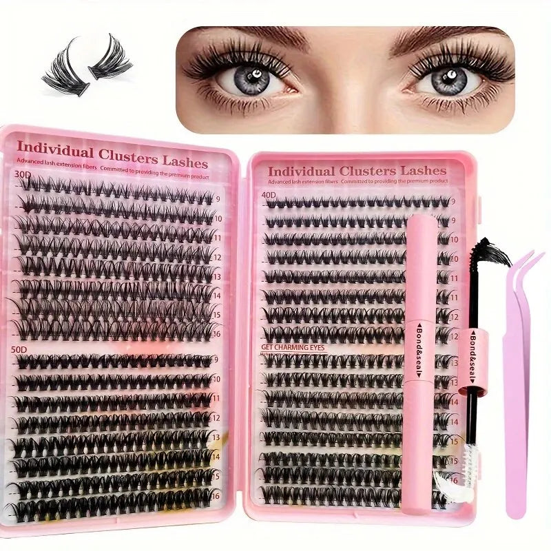 640Pcs Eyelash Extension Kit – D Curl 9-16mm Lash Clusters with Bond & Seal, Tweezers, and Brush