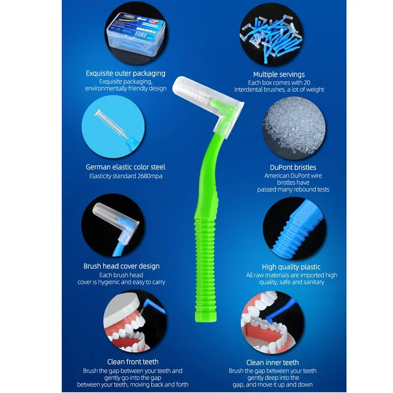 20-Piece L-Shaped Interdental Brushes – Push-Pull Orthodontic Toothpicks for Teeth Cleaning and Oral Hygiene