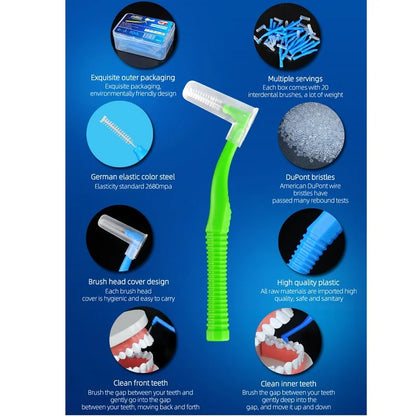 20-Piece L-Shaped Interdental Brushes – Push-Pull Orthodontic Toothpicks for Teeth Cleaning and Oral Hygiene