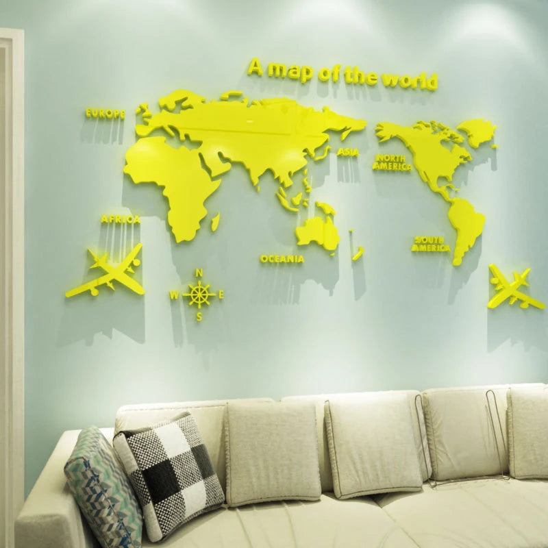 3D Acrylic World Map Wall Stickers – Three-Dimensional Mirror Decals for Bedroom & Office Decoration