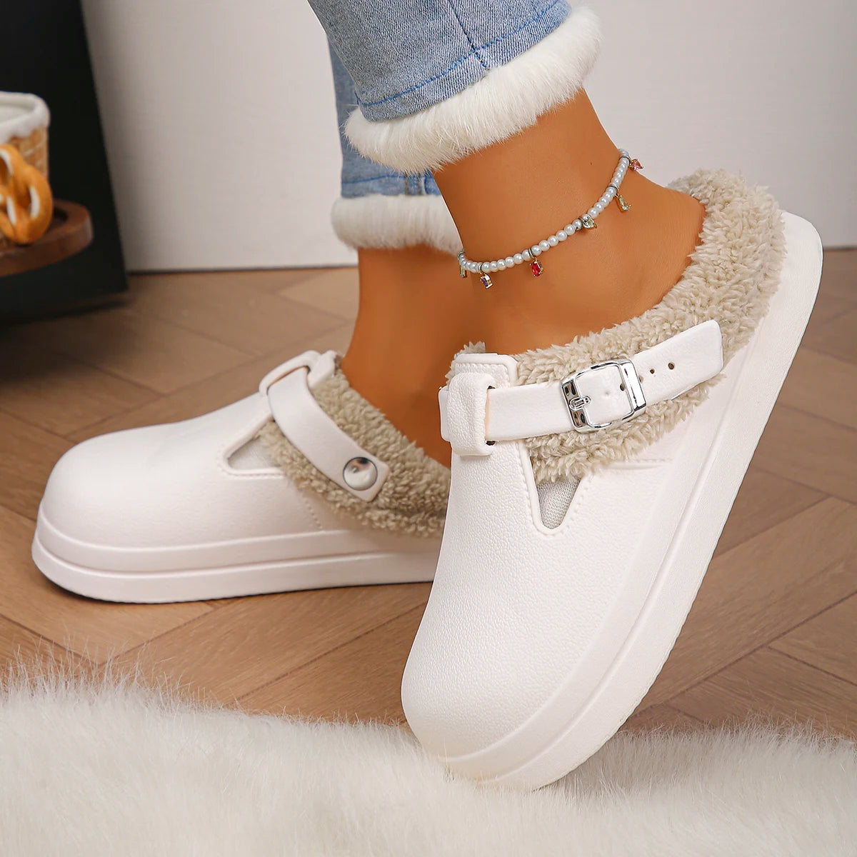Women’s Winter Plush Mules Slippers - Waterproof EVA Furry Slides with Warm Lining, Metal Buckle & Non-Slip Sole