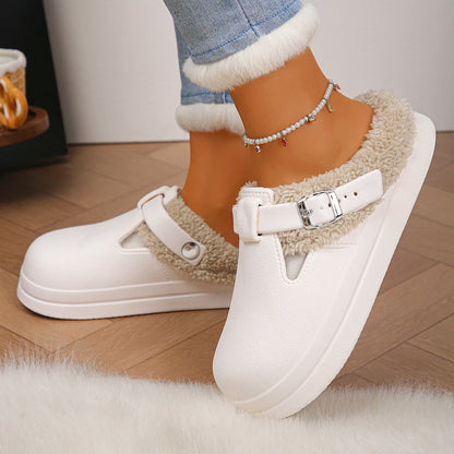 Women’s Winter Plush Mules Slippers - Waterproof EVA Furry Slides with Warm Lining, Metal Buckle & Non-Slip Sole