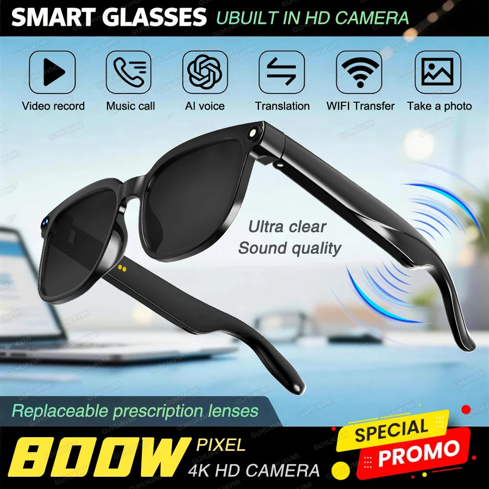 AI Smart Glasses - 800W HD Camera 1080P Video Recording 100+ Language Translation Bluetooth Music & Call Sunglasses