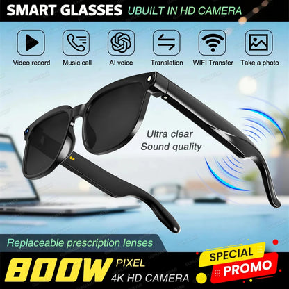 AI Smart Glasses - 800W HD Camera 1080P Video Recording 100+ Language Translation Bluetooth Music & Call Sunglasses