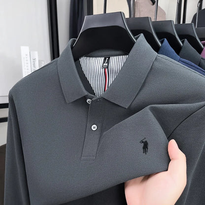 Men's 100% Cotton Long Sleeve Polo Shirt - Embroidered Business Casual Fashion Polo
