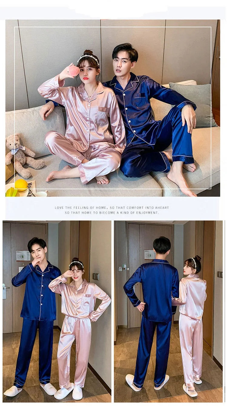 Solid Color Silk Satin Pajama Set – Long Button-Down Sleepwear for Couples, Women & Men Loungewear Plus Size