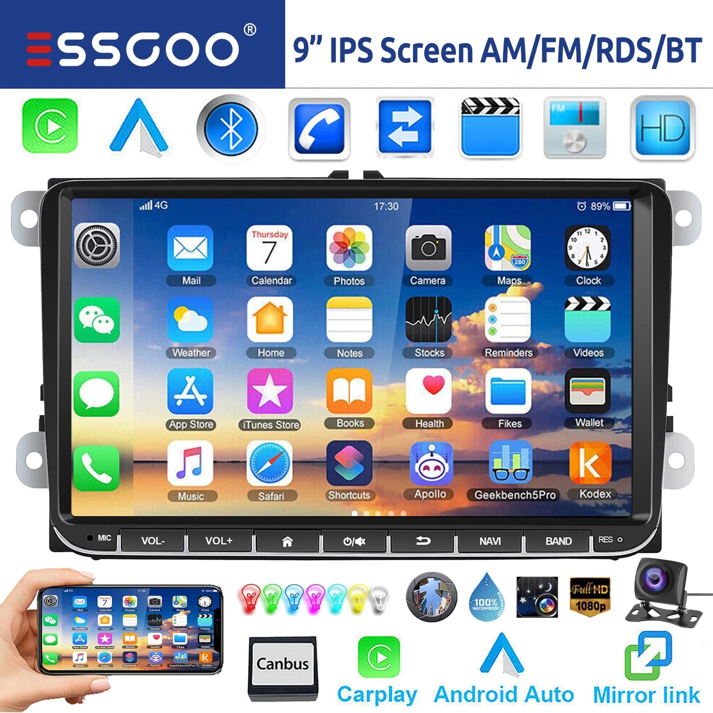 9" Android 15 Car Stereo - 6GB+128GB Wireless CarPlay GPS WiFi Bluetooth FM for VW
