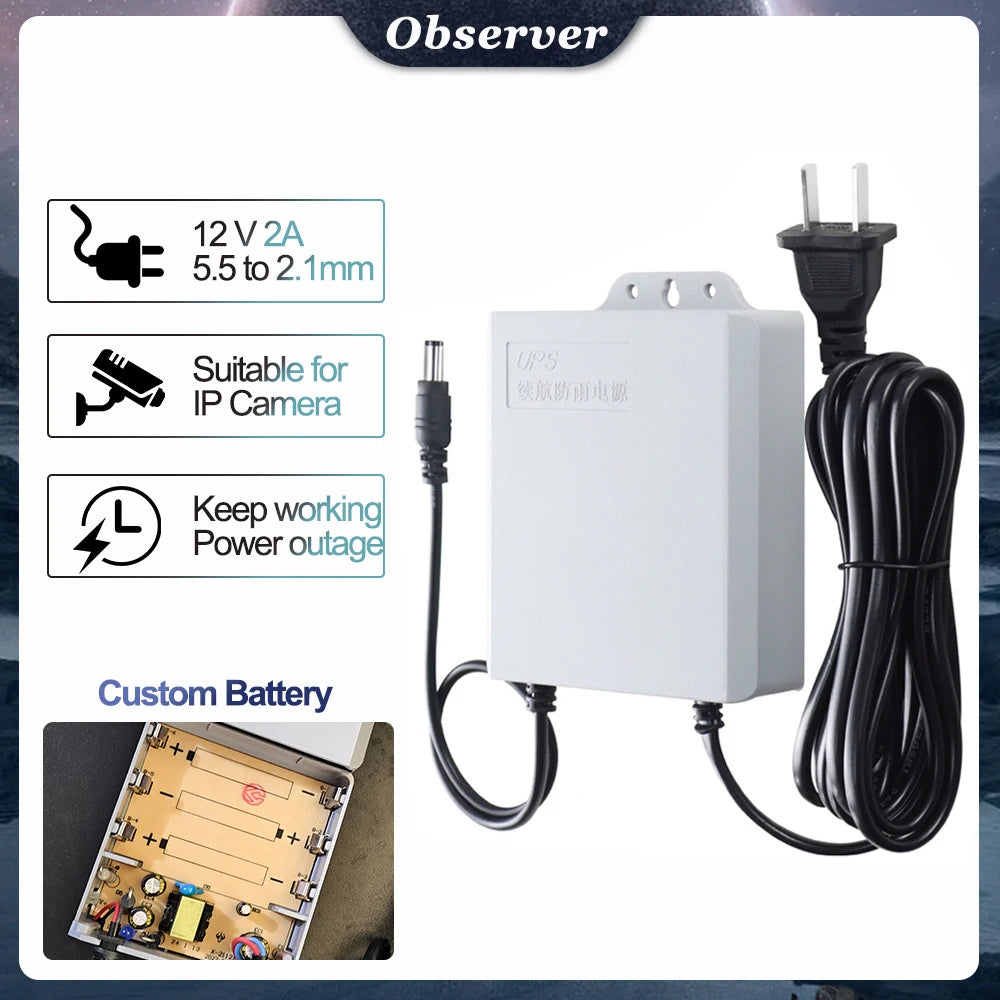 UPS Security Camera Power Cable - 12V 2A Backup Power Supply for CCTV During Power Outages, Battery Not Included