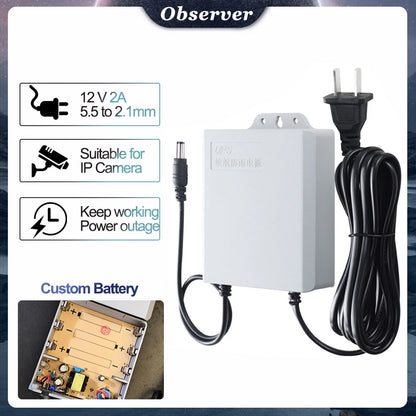UPS Security Camera Power Cable - 12V 2A Backup Power Supply for CCTV During Power Outages, Battery Not Included