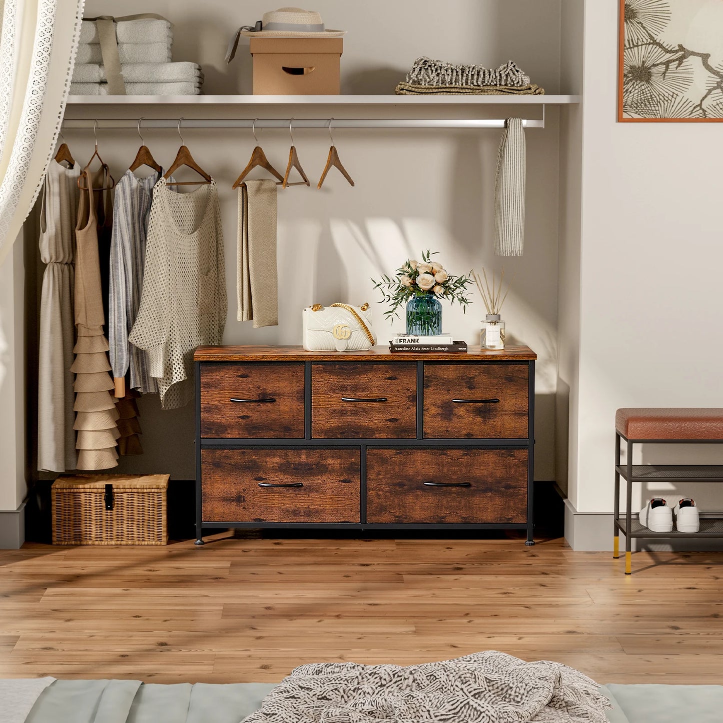 Living Room Display Cabinet – 5 Fabric Drawers with Steel Frame, Wardrobe Closet for Clothes Storage & Dresser