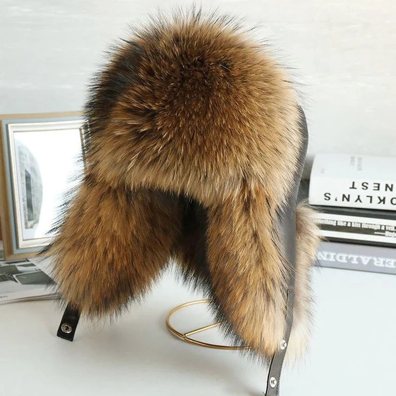 Natural Raccoon & Fox Fur Russian Ushanka Hat – Women’s Black Winter Bomber Cap with Ear Flaps