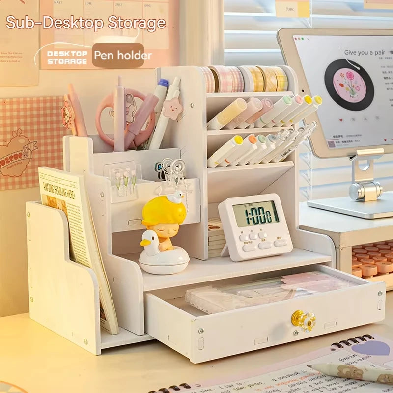 Wooden Desk Organizer - Pen Pencil Holder and Stationery Storage Box for Home Office & Bookshelf