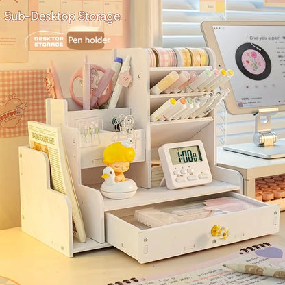 Wooden Desk Organizer - Pen Pencil Holder and Stationery Storage Box for Home Office & Bookshelf