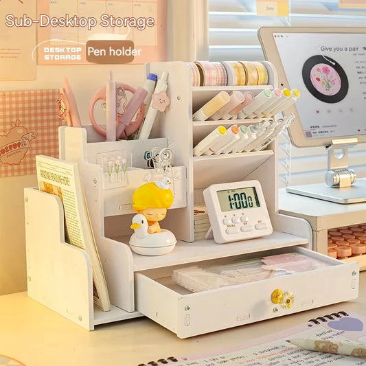 Wooden Desk Organizer - Pen Pencil Holder and Stationery Storage Box for Home Office & Bookshelf