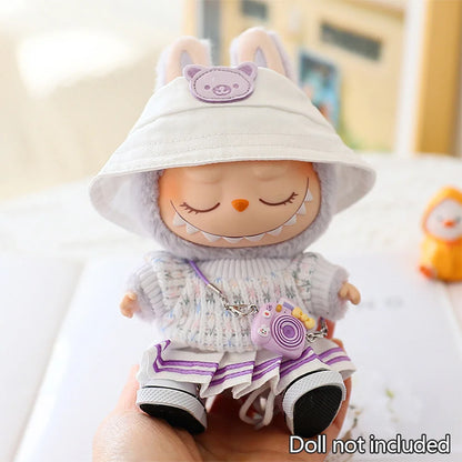 Mini Doll Clothes & Accessories — 15–17cm Labubu & 10cm Cotton Doll Outfit, Pink Hoodie & Yarn Skirt (No Doll)