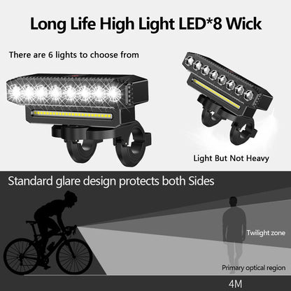 USB Rechargeable Bike Front Light & Horn – 120dB Cycling Bike Bell with Waterproof Design, 6 Lighting Modes, Easy to Install