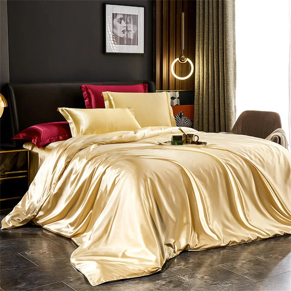 Luxury Silk Bedding Set - Satin Duvet Cover Bed Sheet & Pillowcase Set for Single Double King Queen Twin Beds