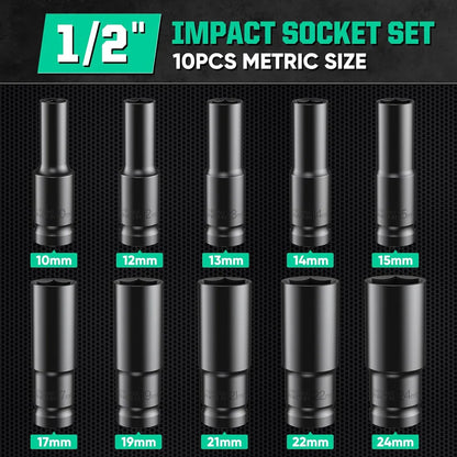 1/2 Inch Drive Impact Socket Set - 10/20PCS 6-Point Metric Carbon Steel Sockets 8-32mm with Storage Case