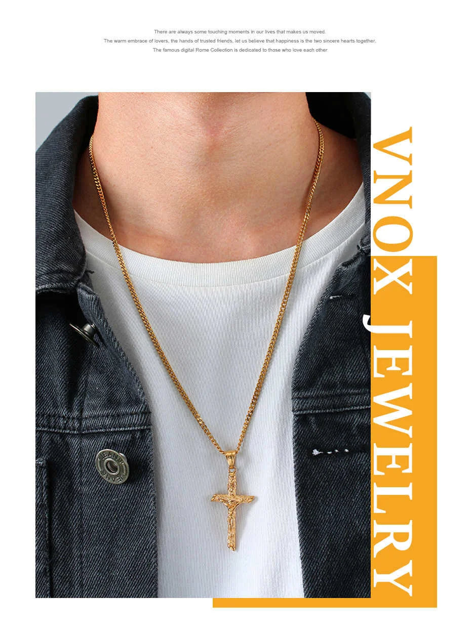 Vnox Cross Necklace for Men & Women – Gold Stainless Steel Jesus Pendant, Catholic Faith Jewelry for Church Prayer