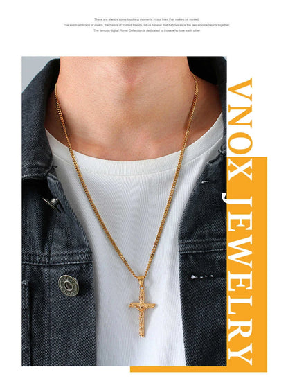 Vnox Cross Necklace for Men & Women – Gold Stainless Steel Jesus Pendant, Catholic Faith Jewelry for Church Prayer