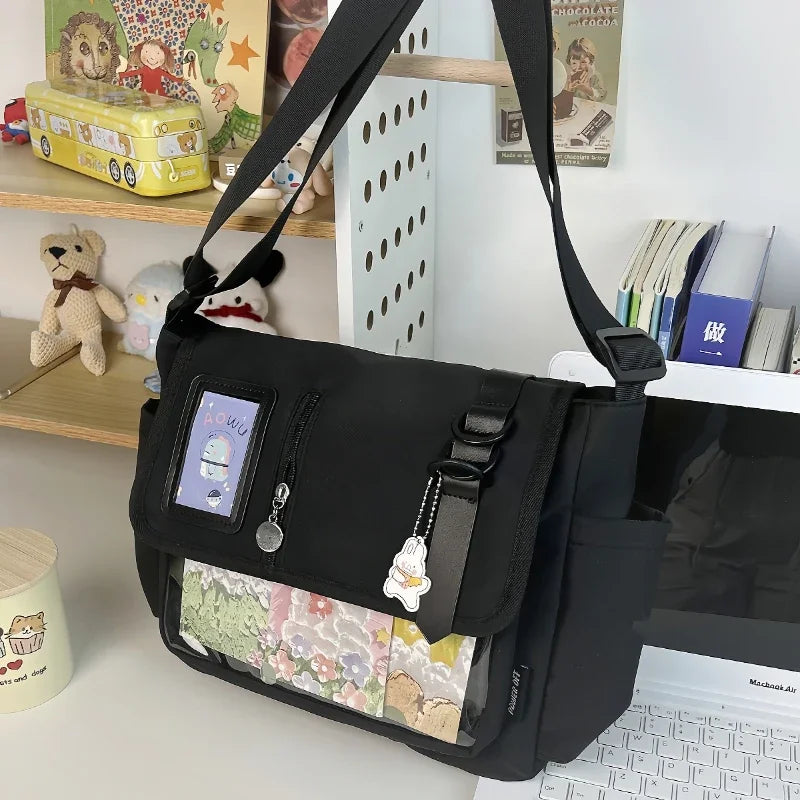 Y2K Japanese Harajuku School Bag — 2024 Transparent Itabag Crossbody for Teenage Girls with DIY Badge Display Plate