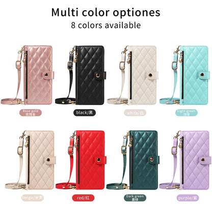 Crossbody Leather Wallet Case for iPhone – Zipper Card Slot Bag with Rhombus Design for iPhone 16/16 Pro Max/15/14/13/12/11/SE 2022