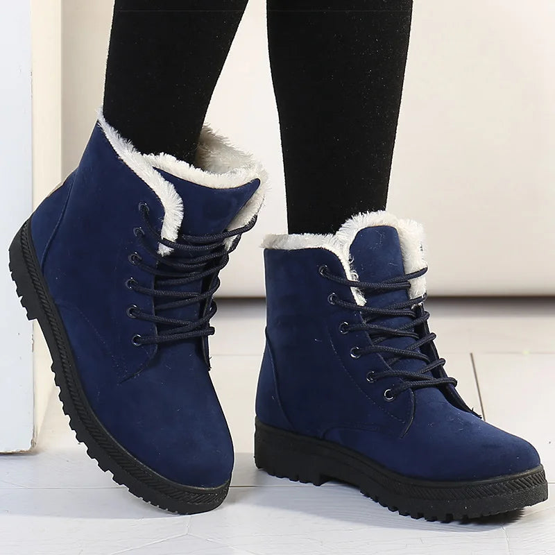 Women's Winter Fur Boots 2025 – Warm Ankle Snow Boots with Low Heels, Black Footwear for Women