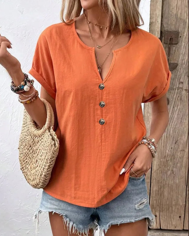 2025 Women’s V-Neck Blouse - Short Sleeve Button Casual Summer Loose Fit Solid Color Top
