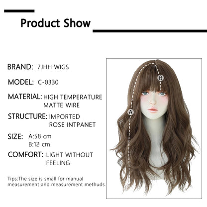 7JHH Brown Ash Long Deep Wave Lolita Wig for Women — Synthetic Hair with Bangs, Thick Curly Fashion Wig